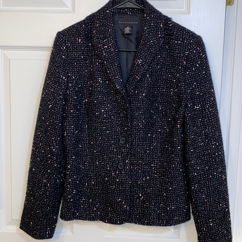 Apostrophe Women’s Wool Blazer Jacket Tweed Fringed Pink White Dot Size 8